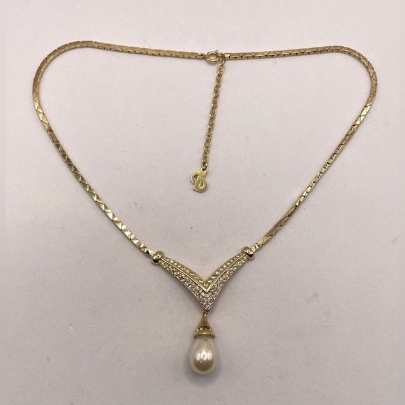 Vintage 1980s Signed Christain Dior Gold Plated Necklace Crystals Faux Pearl - Picture 7 of 9